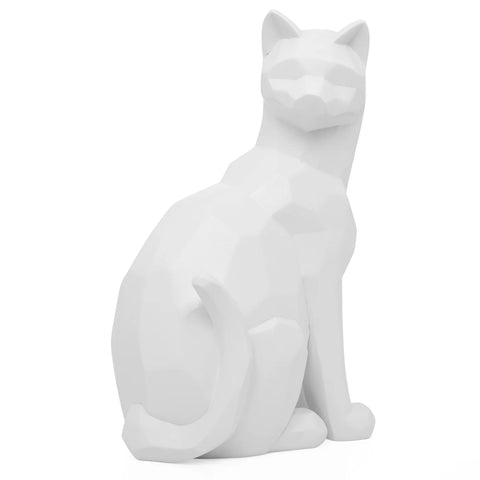 Carved Angle Sitting Cat Decor Sculpture - White