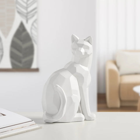 Carved Angle Sitting Cat Decor Sculpture - White