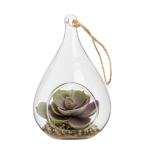 Hanging Glass 5h" Teardrop Potted Faux Succulent - Echeveria