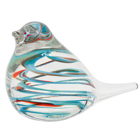 Bird Glass Paperweight 4h" Decor - Clear/Blue Swirl