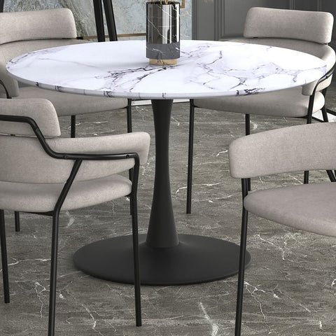 Acer 48" Round Dining Table in White Faux Marble and Black