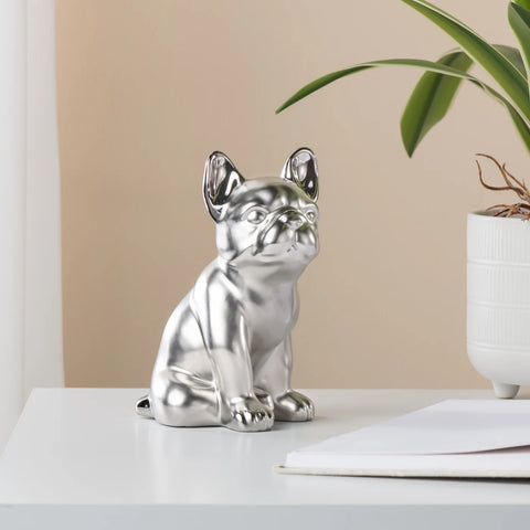Bulldog Sitting 6h" Ceramic Decor Sculpture- Silver