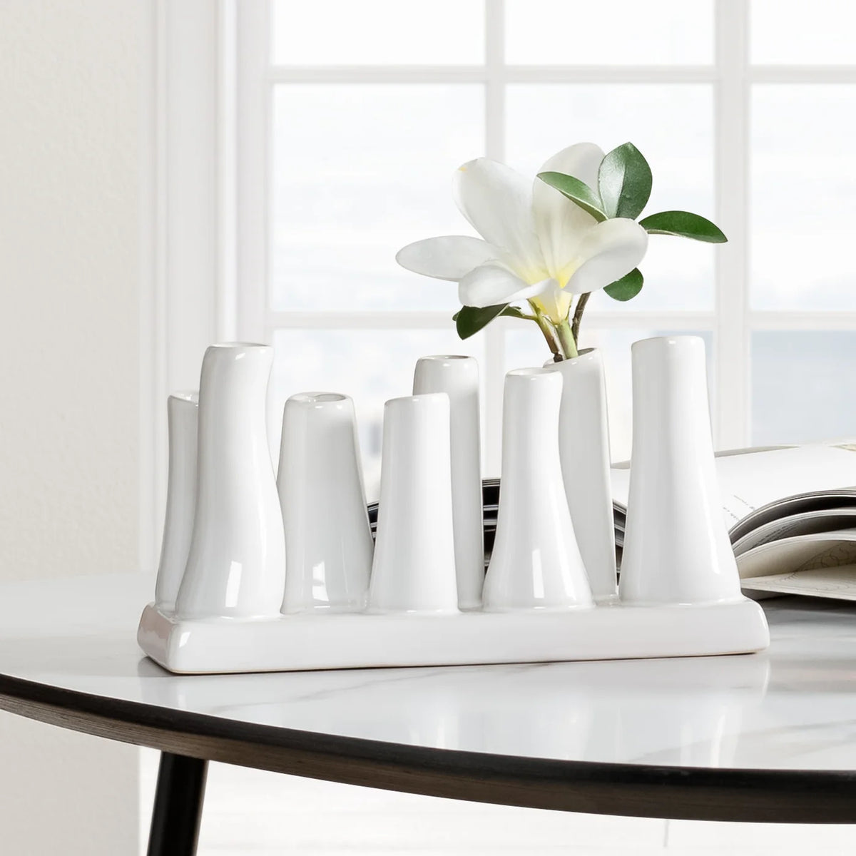 Eva Rectangle White Ceramic 8 Tube Multi Bud Vase