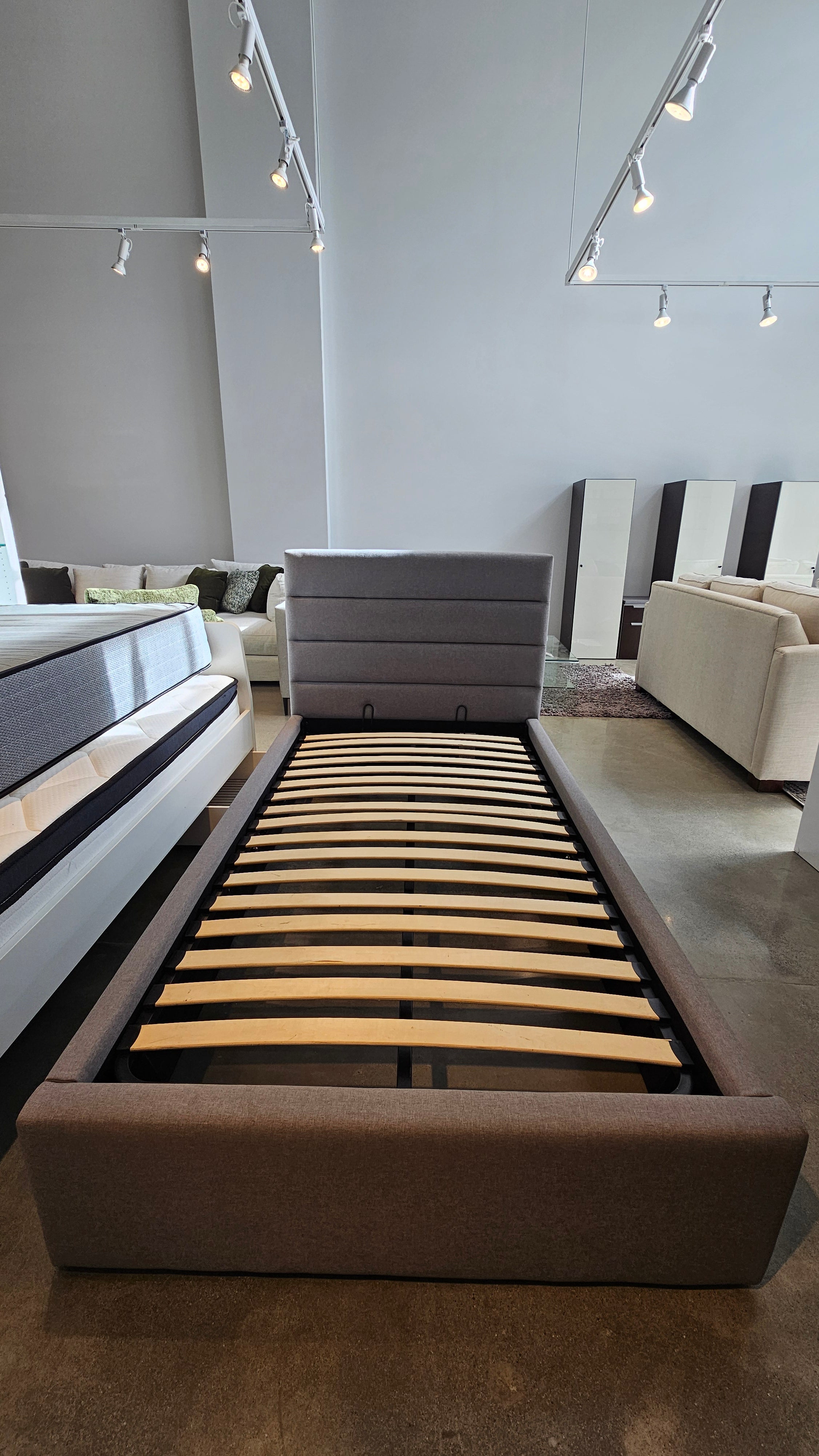 Grey Twin Size Storage Bed Frame with Upholstered Headboard (Floor Model)