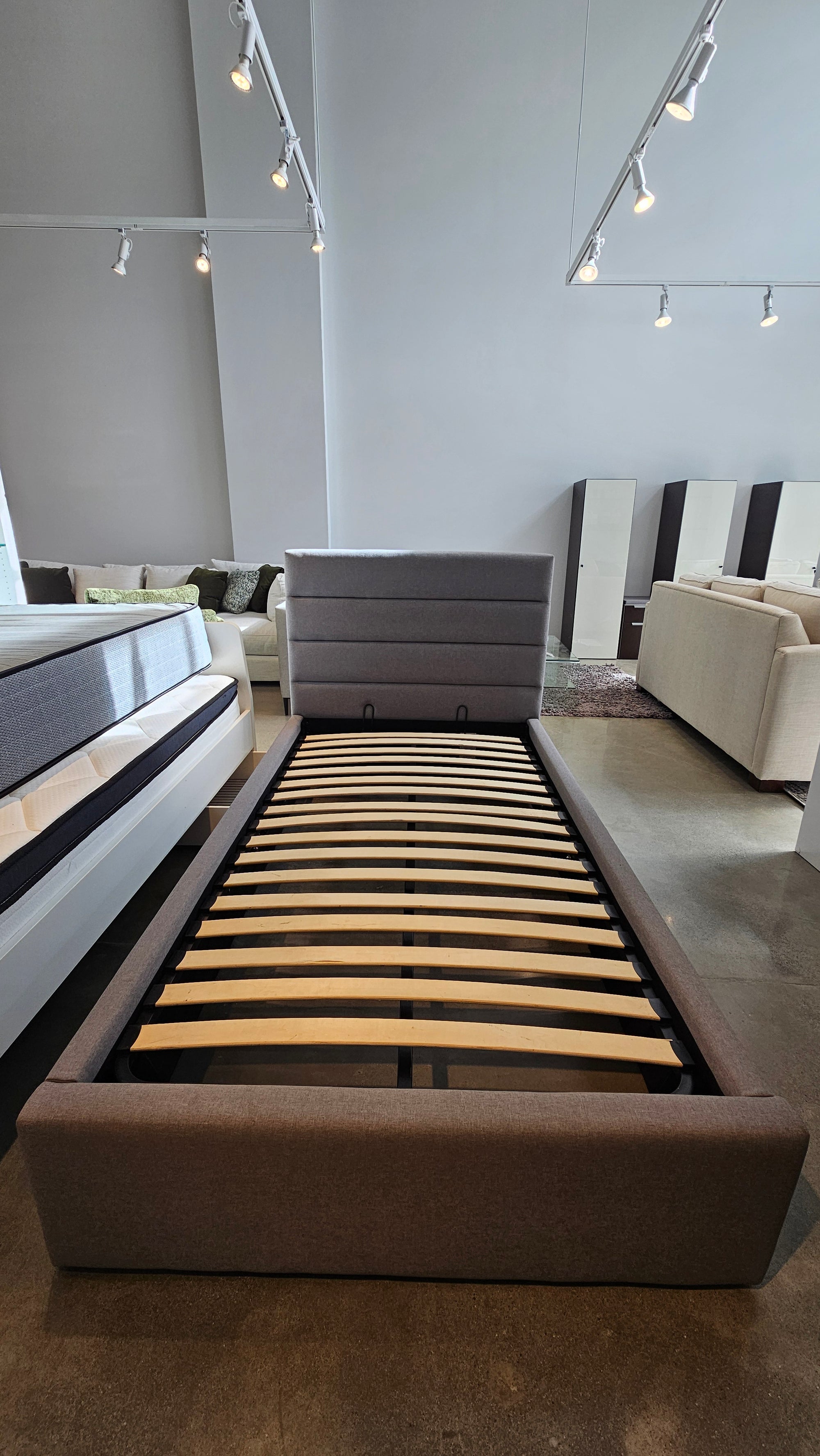 Grey Twin Size Storage Bed Frame with Upholstered Headboard (Floor Model)