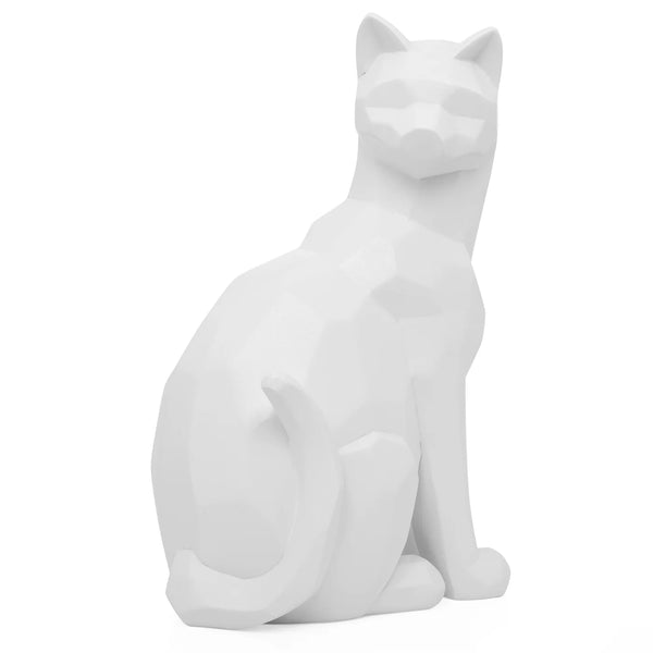 Carved Angle Sitting Cat Decor Sculpture - White
