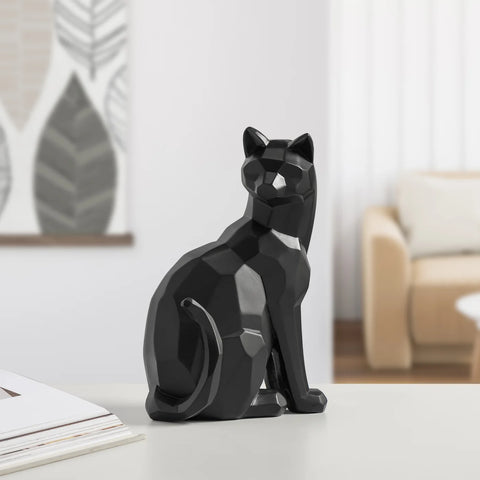 Carved Angle Sitting Cat Decor Sculpture - Black