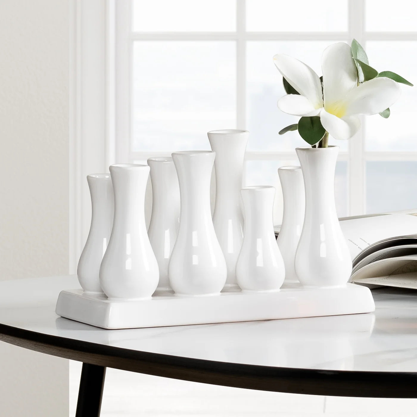 Multi Tube Rectangle White Ceramic Urn Vase