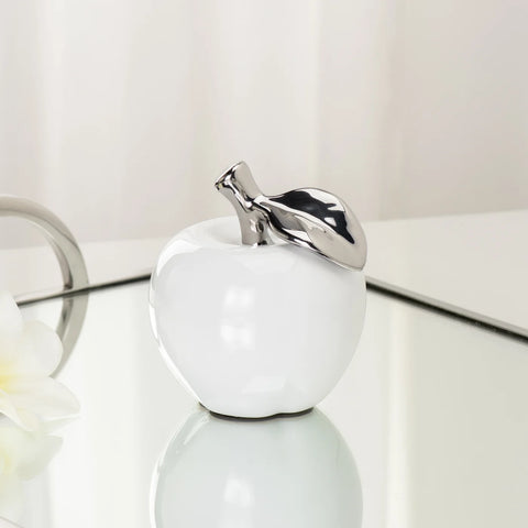 Orchard White Ceramic Silver Tipped Apple Decor Sculpture