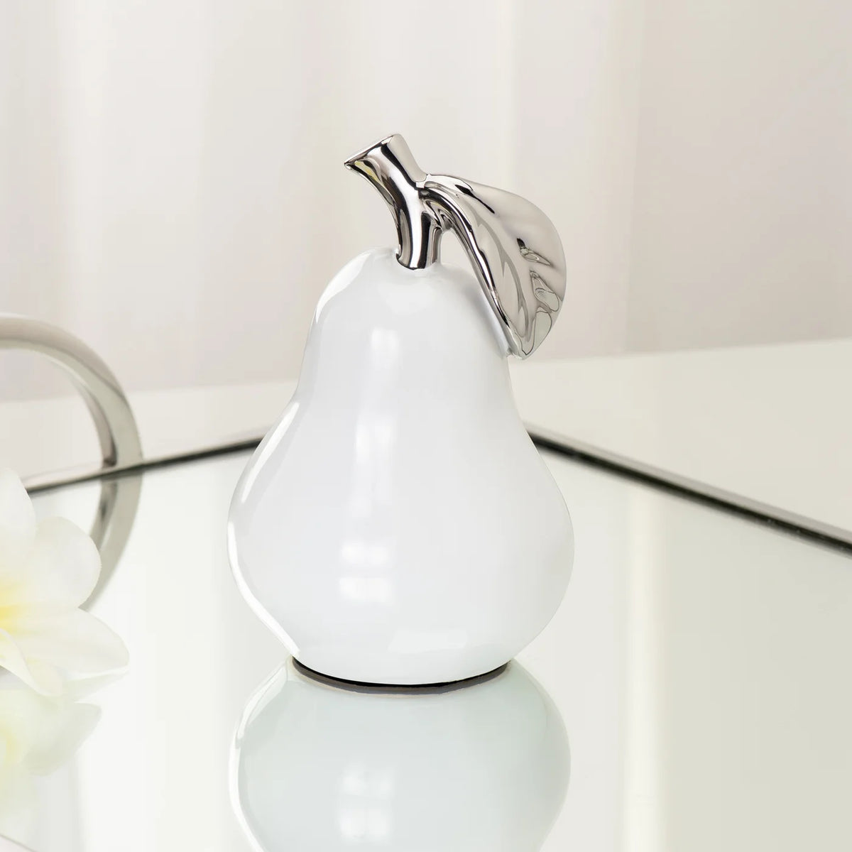 Orchard White Ceramic Silver Tipped Pear Decor Sculpture