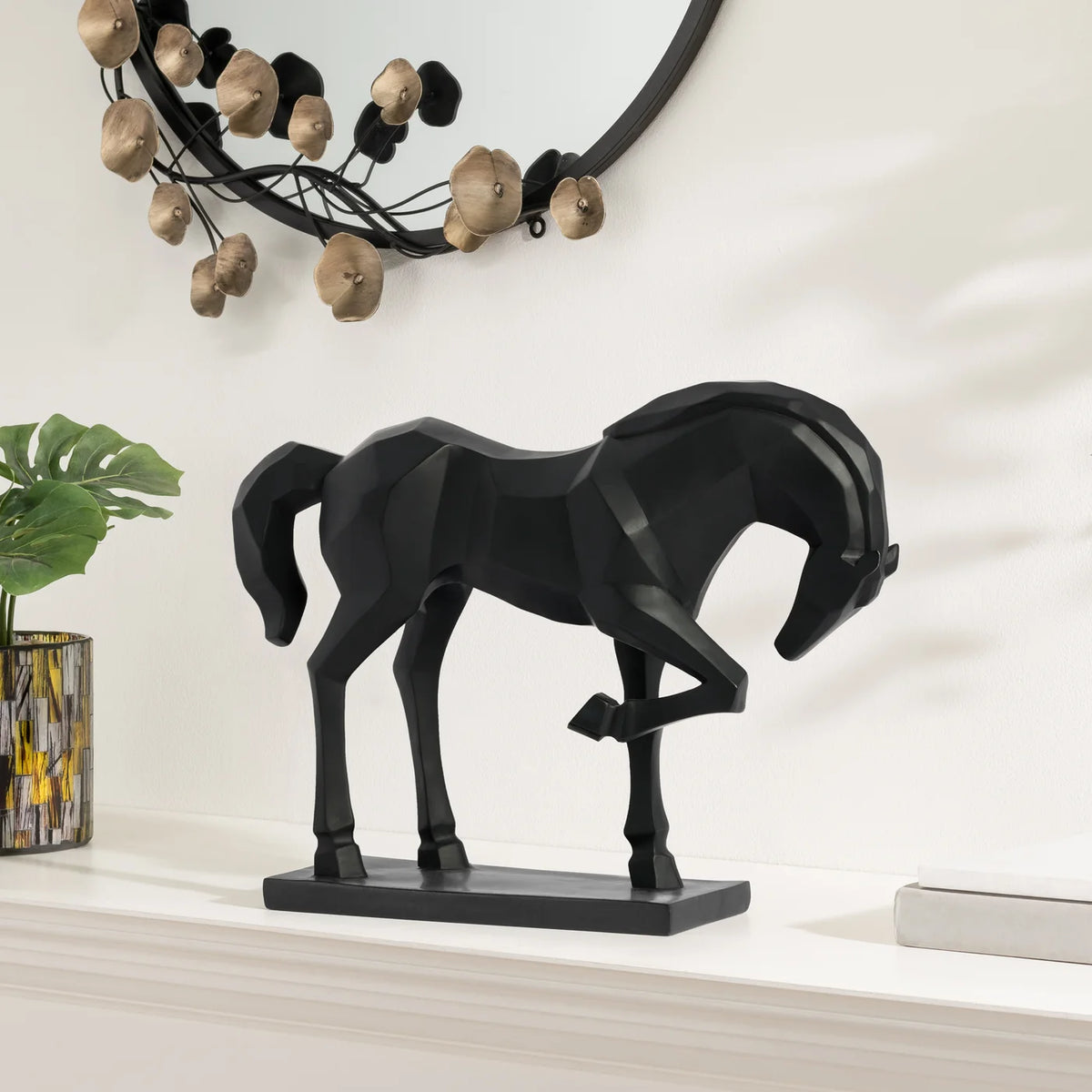 Carved Majestic Prancing Horse Decor Statue - Black