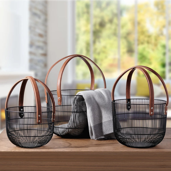 Mission Wire Faux Leather Handle 3 Piece Basket Set