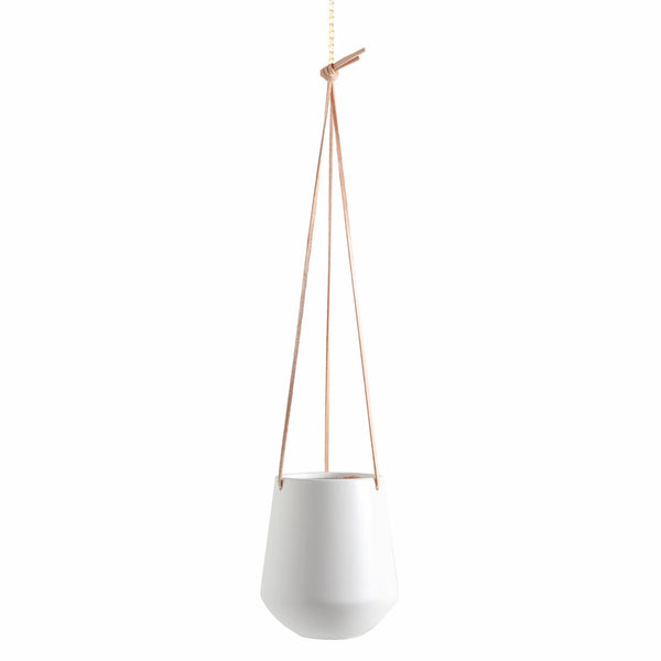 Ashbury Leather Hanging 5.75" Diameter White Ceramic Drop Pot Planter
