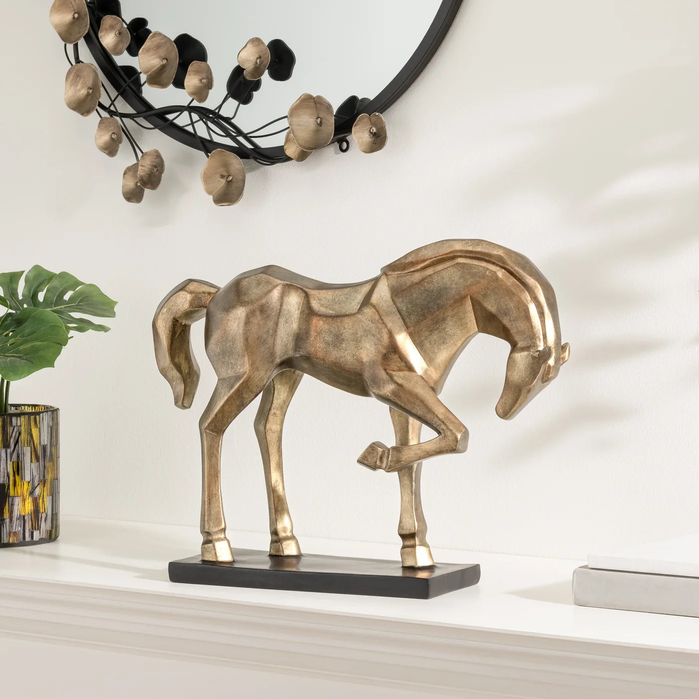 Carved Majestic Prancing Horse Decor Statue - Antique Bronze