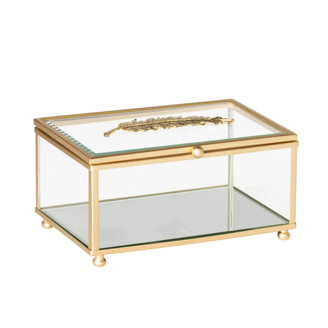 Golden Feather Trim 6 x 4" Rectangle Bevel Glass Jewelry Storage Box