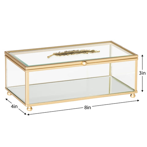 Golden Feather Trim 8 x 4" Rectangle Bevel Glass Jewelry Storage Box