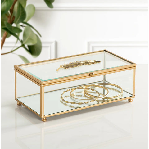 Golden Feather Trim 8 x 4" Rectangle Bevel Glass Jewelry Storage Box