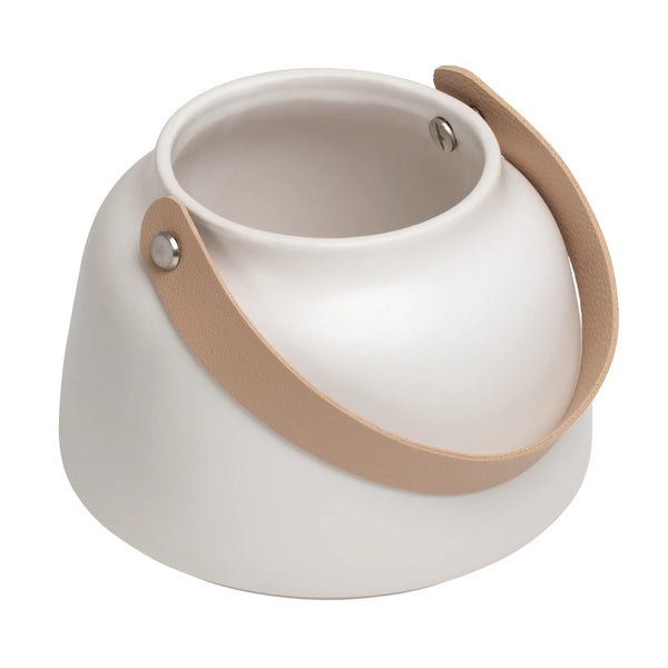 Lido Matte White Ceramic 3.5h" Tapered Vase with Faux Leather Handle