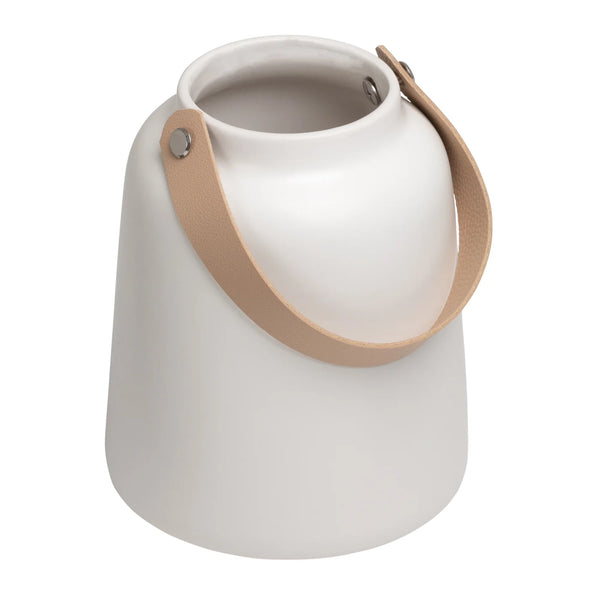 Lido Matte White Ceramic 6h" Tapered Vase with Faux Leather Handle