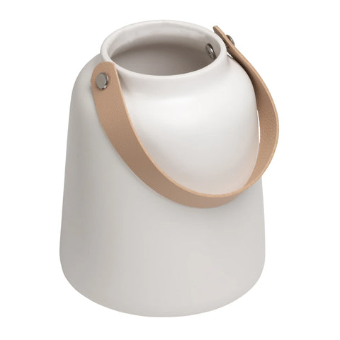 Lido Matte White Ceramic 6h" Tapered Vase with Faux Leather Handle