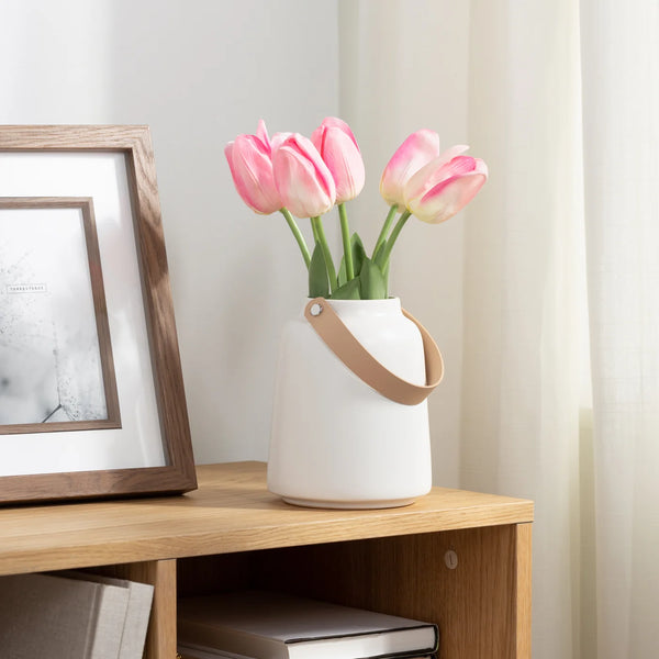 Lido Matte White Ceramic 6h" Tapered Vase with Faux Leather Handle
