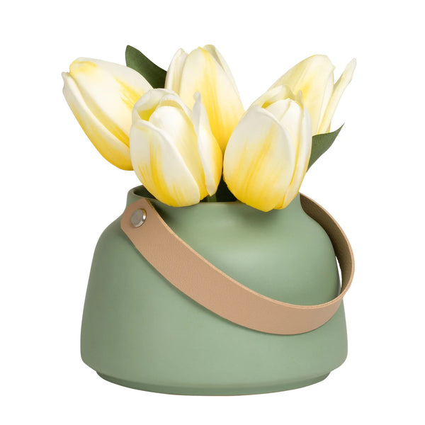 Lido Matte Green Ceramic 3.5h" Tapered Vase with Faux Leather Handle
