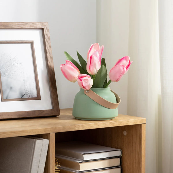 Lido Matte Green Ceramic 3.5h" Tapered Vase with Faux Leather Handle