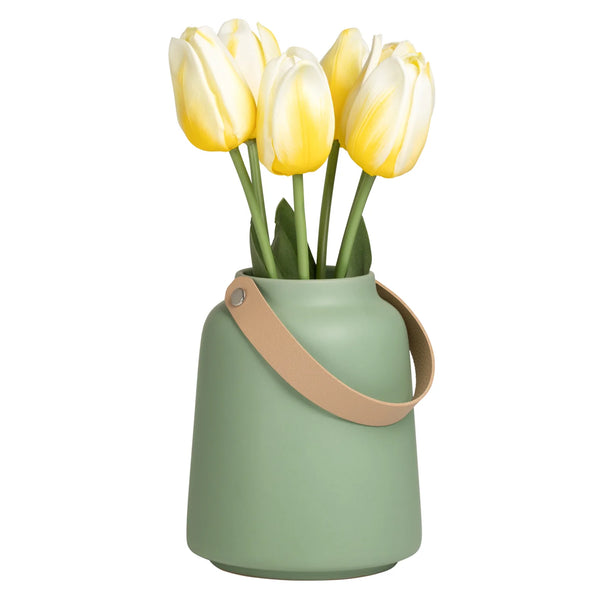 Lido Matte Green Ceramic 6h" Tapered Vase with Faux Leather Handle