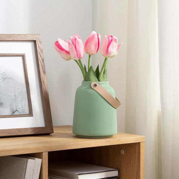 Lido Matte Green Ceramic 6h" Tapered Vase with Faux Leather Handle