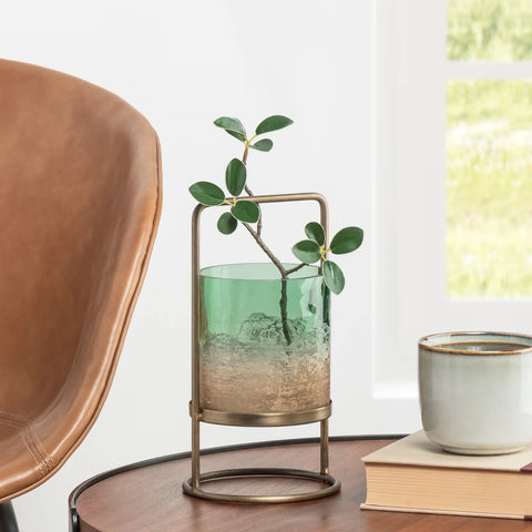 Marina Seagreen Glass 8.5h" Hurricane Vase On Metal Stand