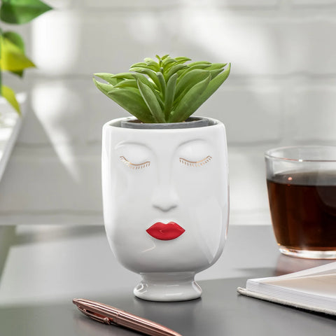 Chic Red Lips Lady 3dx4.5h" Ceramic Face Vase