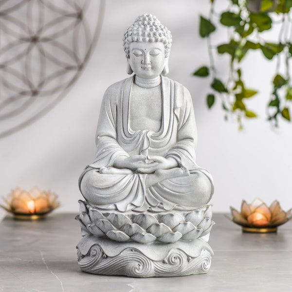 Peaceful Buddha Resin Décor 16h" Statue - Stone Patina
