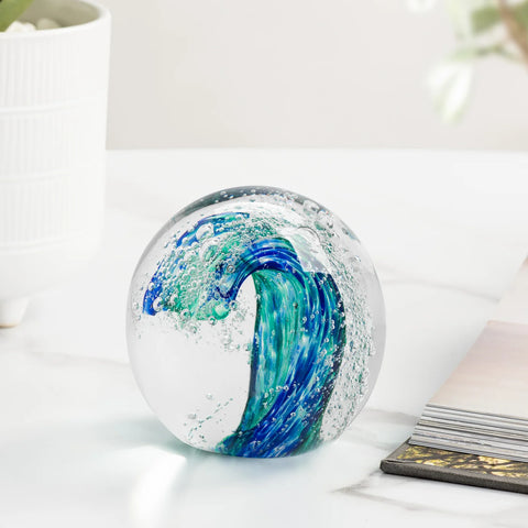 Blue Wave Glass Ball 3" Paperweight Decor