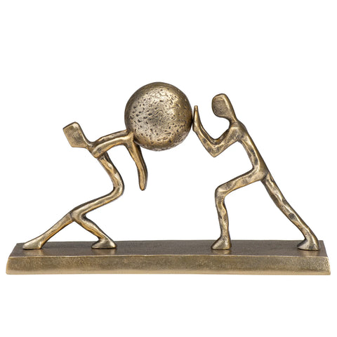 Two Men Pushing a Ball 7.5h" Antique Gold Aluminum Decor Sculpture
