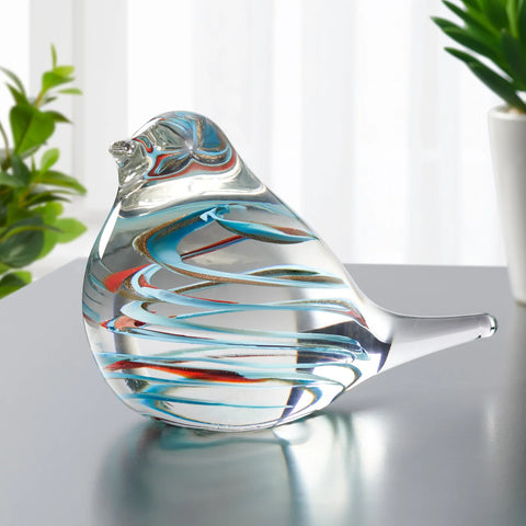 Bird Glass Paperweight 4h" Decor - Clear/Blue Swirl