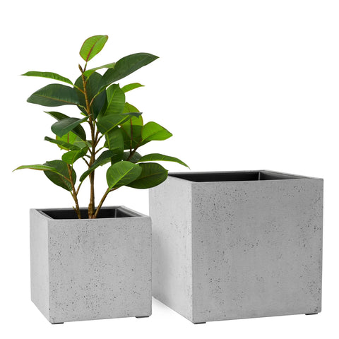 Aria Polystone Cement Grey 2 Piece Square Planters with Liners Set