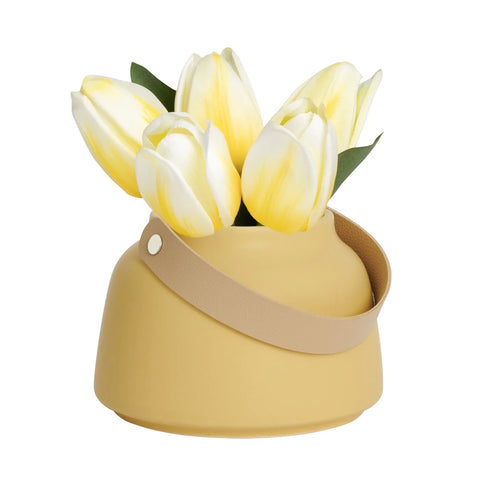Lido Matte Yellow Ceramic 3.5h" Taper Vase with Faux Leather Handle