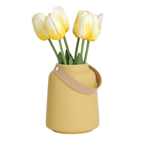Lido Matte Yellow Ceramic 6h" Tapered Vase with Faux Leather Handle