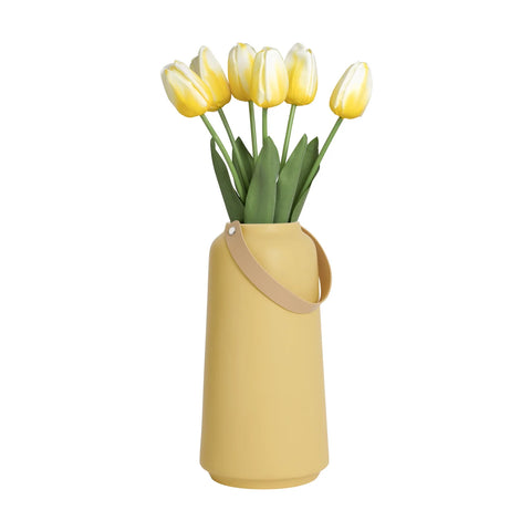 Lido Matte Yellow Ceramic 11h" Tapered Vase with Faux Leather Handle