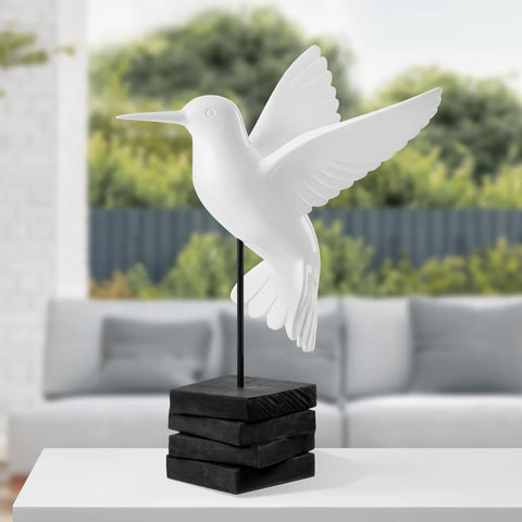 Hummingbird 21h" White Polystone Decor Sculpture on Stand