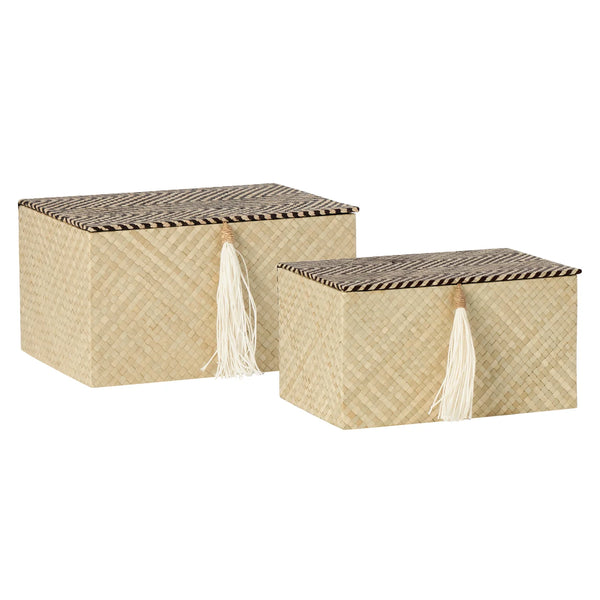 Pandan Chevron Lid Design Two Piece Tasseled Storage Box Set