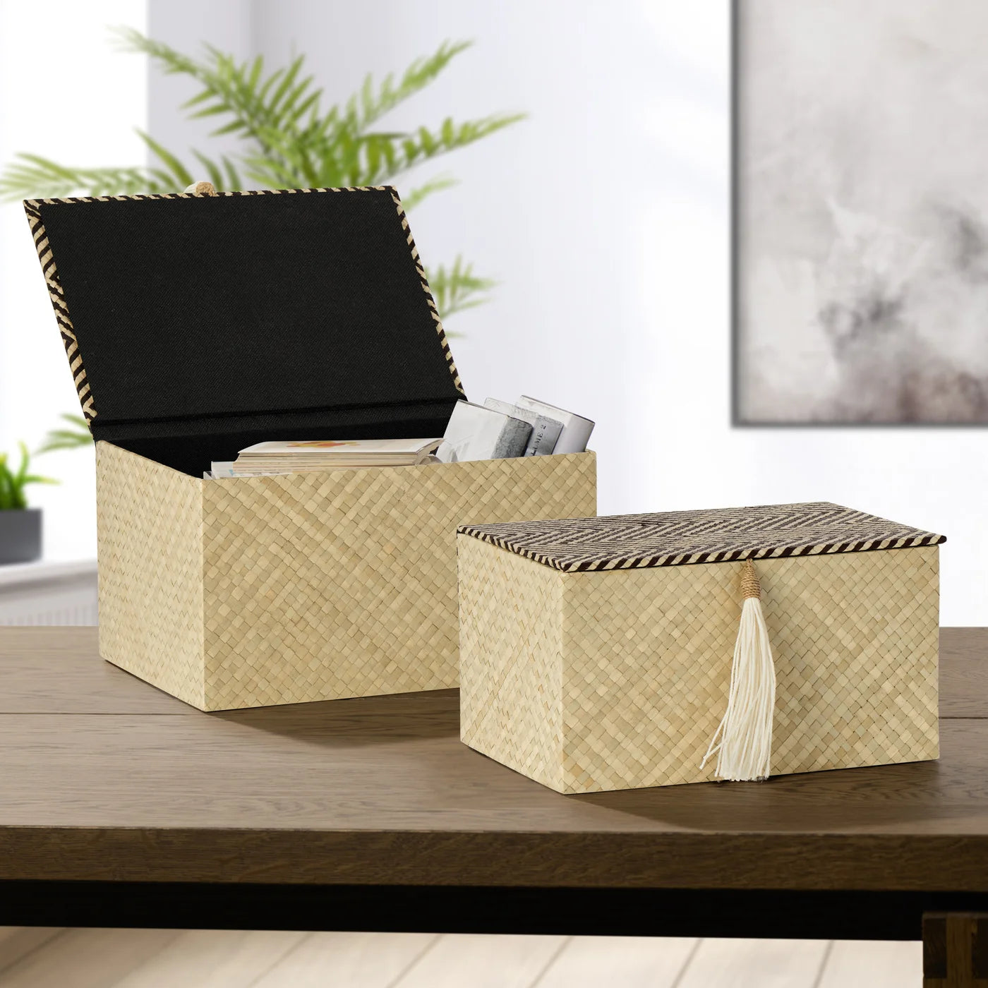 Pandan Chevron Lid Design Two Piece Tasseled Storage Box Set