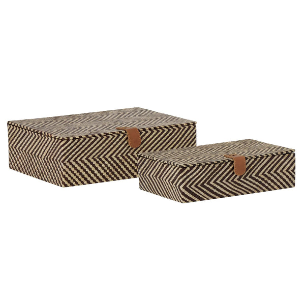 Pandan Chevron Design Two Piece Leather Closure Storage Box Set