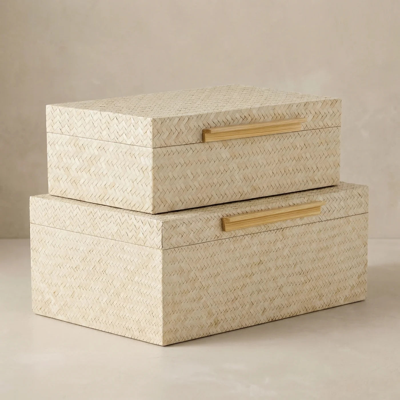 Pandan Herringbone Two Piece Bamboo Handle Rectangle Storage Box Set
