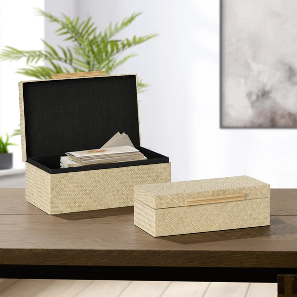 Pandan Natural Herringbone Two Piece Bamboo Handle Rectangle Storage Box Set
