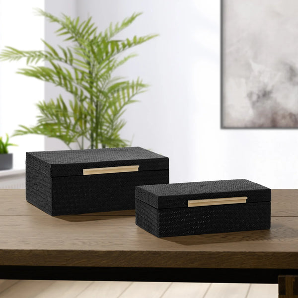Pandan Black Herringbone Two Piece Bamboo Handle Rectangle Storage Box Set