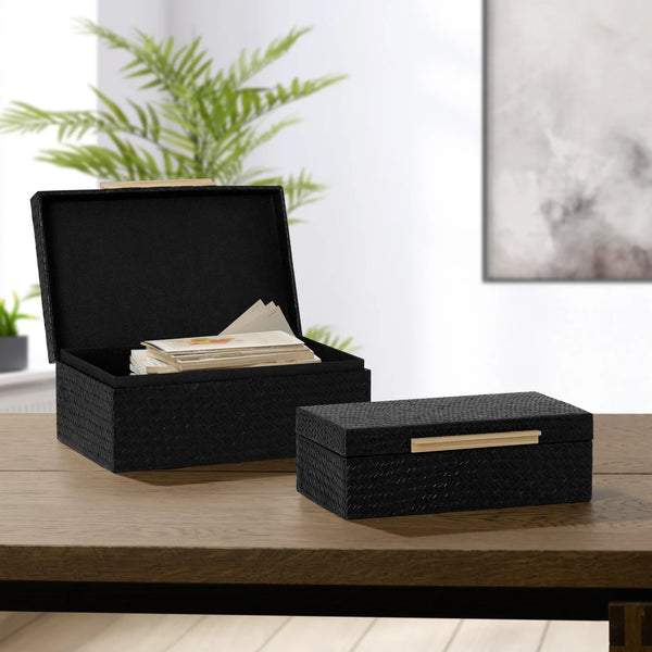 Pandan Black Herringbone Two Piece Bamboo Handle Rectangle Storage Box Set