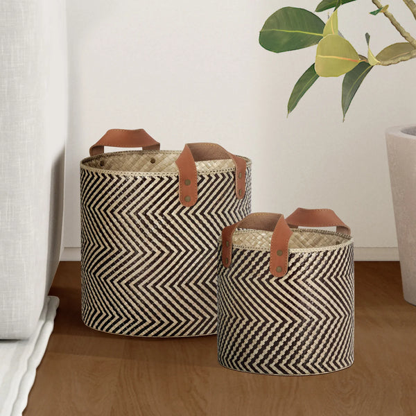 Pandan Chevron Two Piece Round Storage Basket with Faux Leather Handles Set