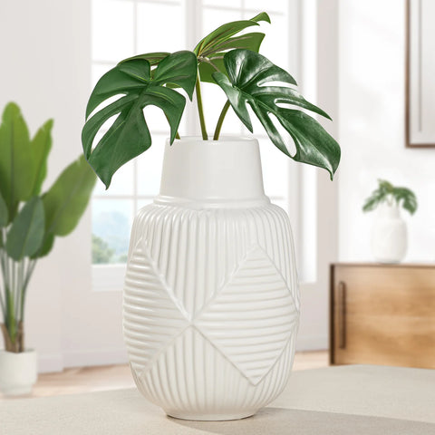 Argyle Embossed Stripe Matte White 10.5h" Ceramic Vase