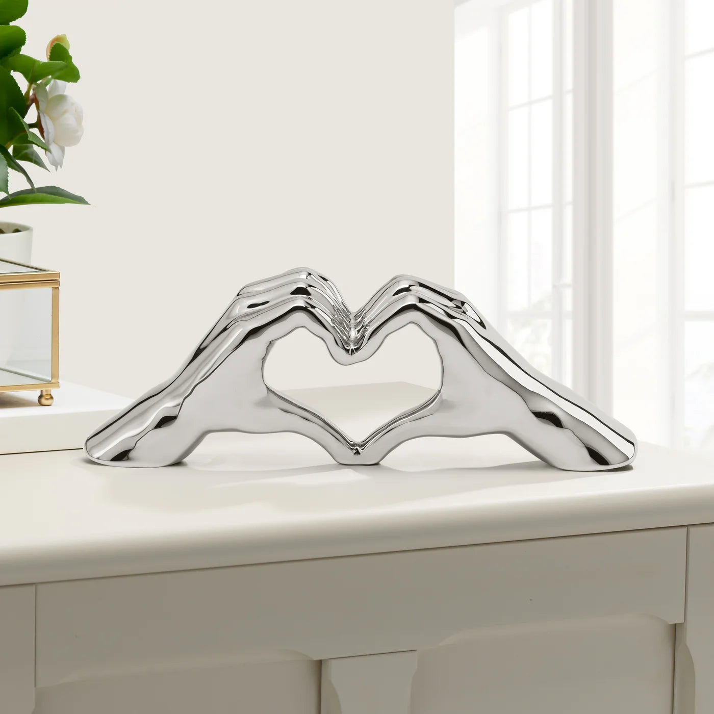 Love Gesture Hand 12L” Ceramic Decor Sculpture - Silver Heart